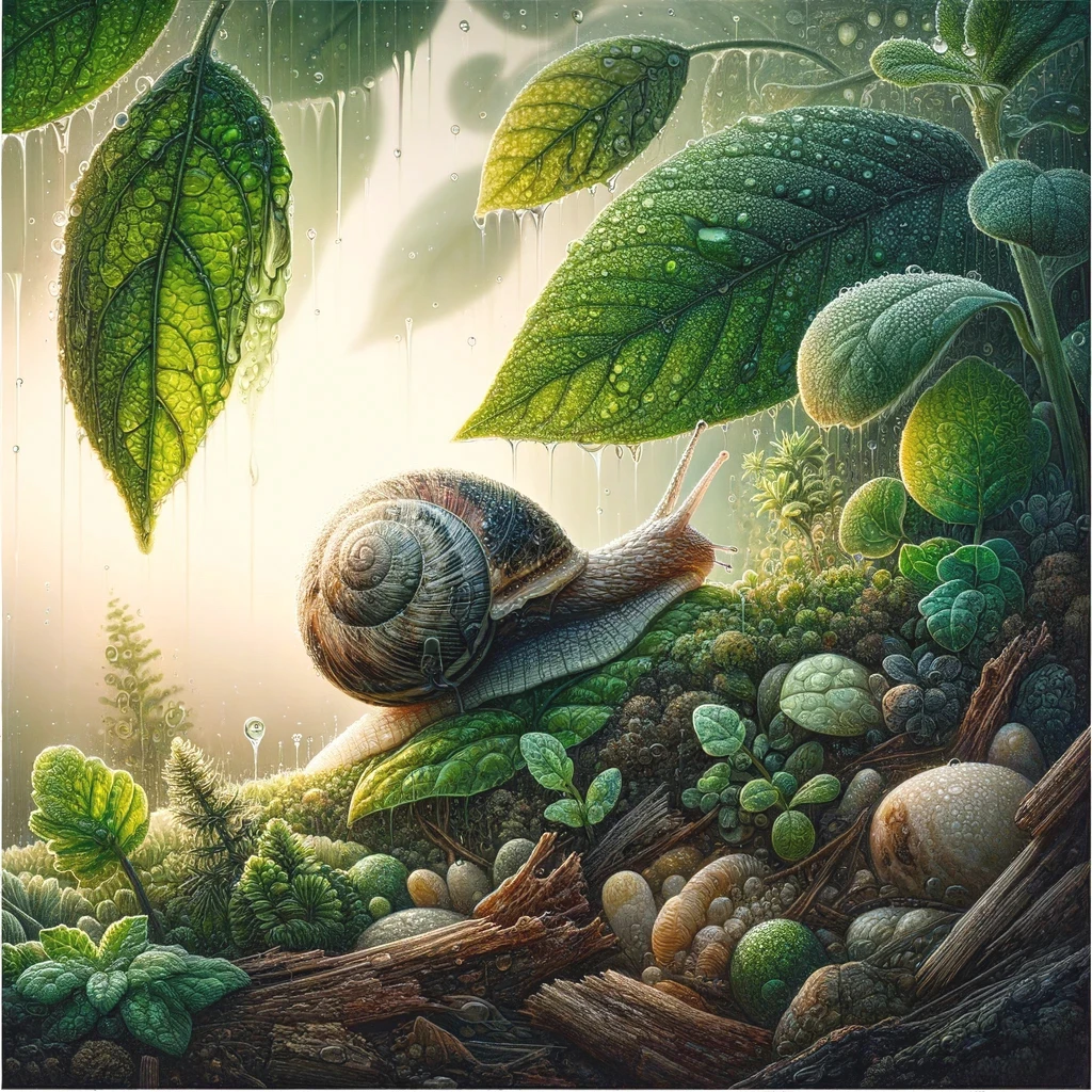 Disclaimer: AI Generated Image. Snail moves across moss and small plants beneath dew-covered leaves in a detailed forest illustration.