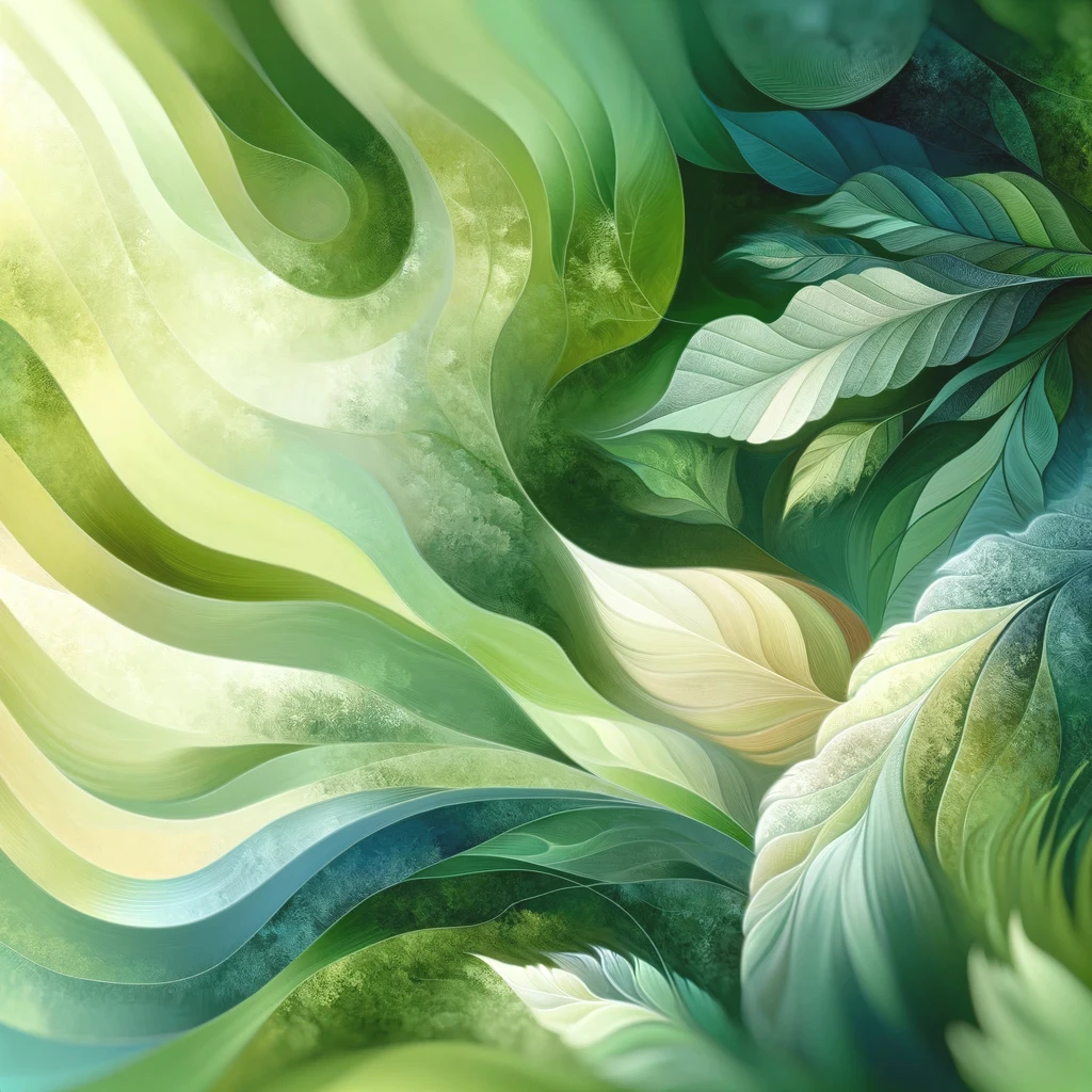 Disclaimer: AI Generated Image. Abstract illustration of flowing green shapes and layered leaves resembling a stylized forest canopy.
