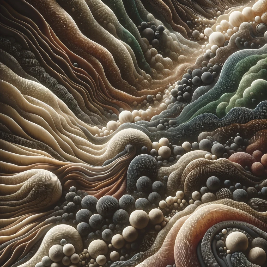 Disclaimer: AI Generated Image. Abstract landscape of textured waves and rounded shapes resembling layered terrain or sand formations.