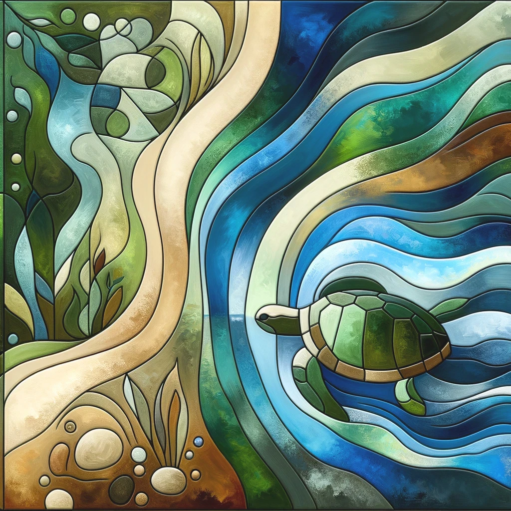 Disclaimer: AI Generated Image. Stylized illustration of a sea turtle swimming through curved blue and green shapes.