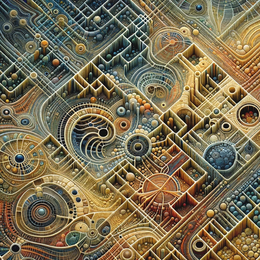 Disclaimer: AI Generated Image. ntricate abstract pattern of geometric shapes, spirals, and circular forms resembling a mechanical maze.