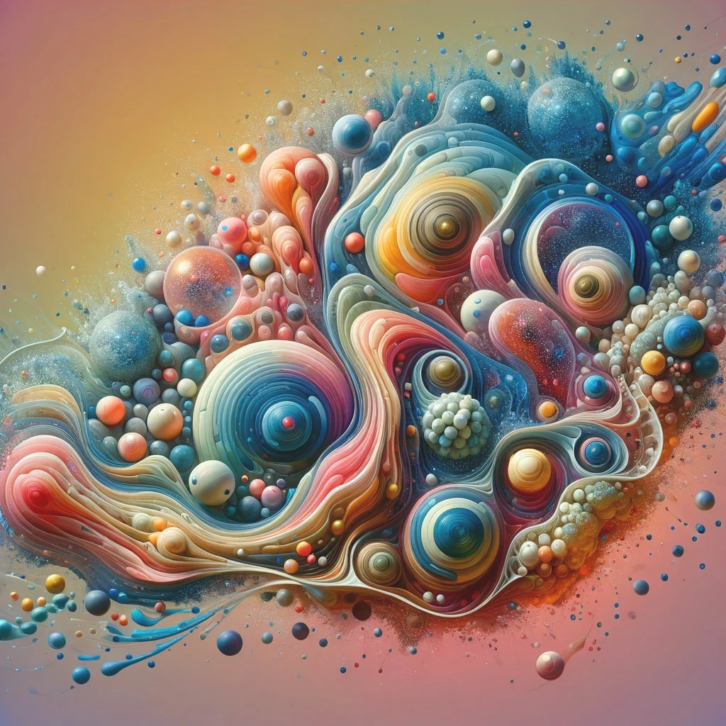 Disclaimer: AI Generated Image. Colourful abstract composition of swirling shapes and spheres forming a cloud-like structure.