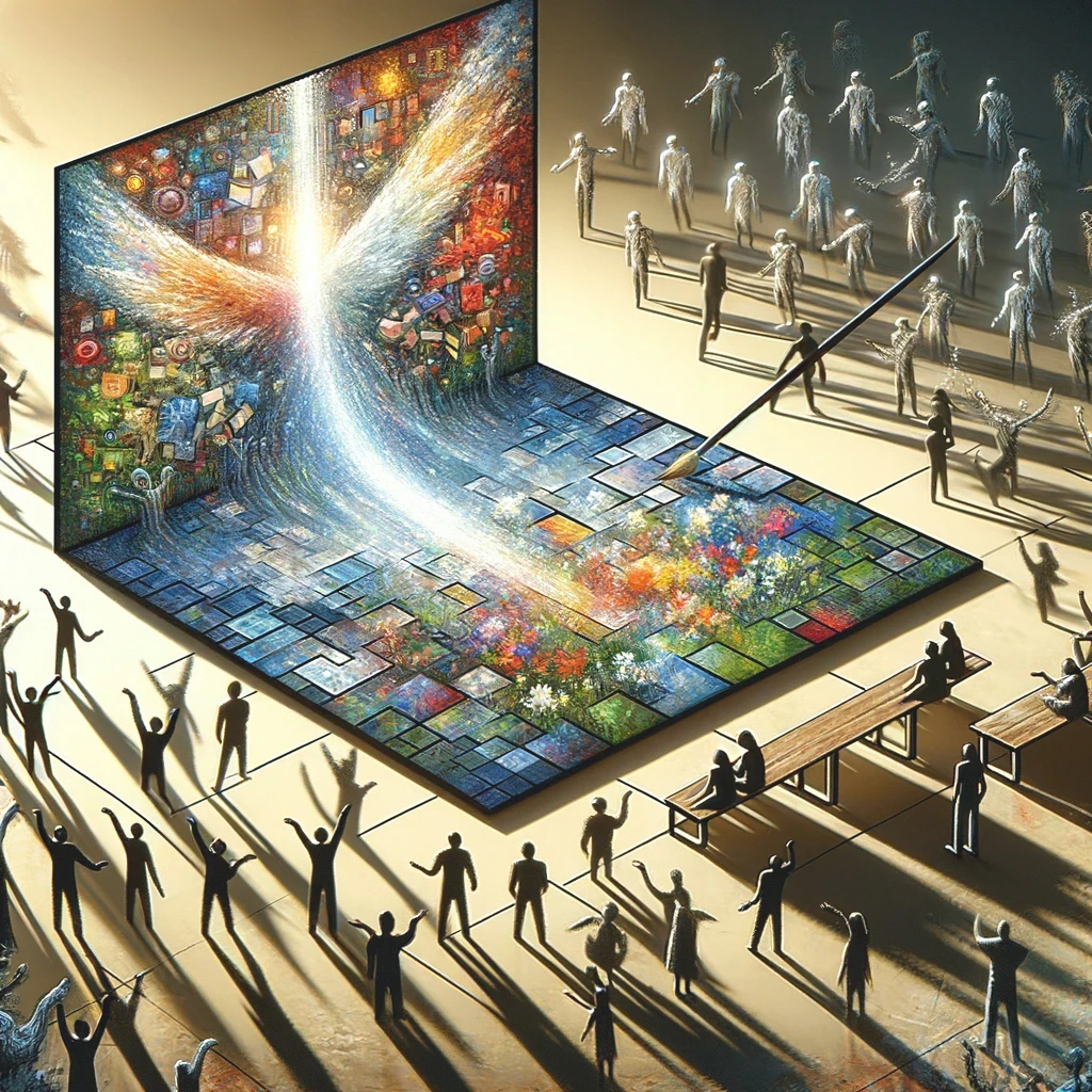 Disclaimer: AI Generated Image. Illustration of a large painting unfolding as figures gather around it like an outdoor gallery.