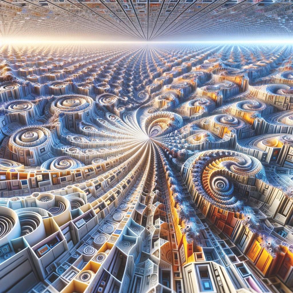 Disclaimer: AI Generated Image. Vast geometric landscape of repeating structures and spirals stretching toward a bright horizon.