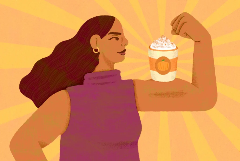 Illustration of a person flexing their arm beside a pumpkin spice latte with whipped cream.
