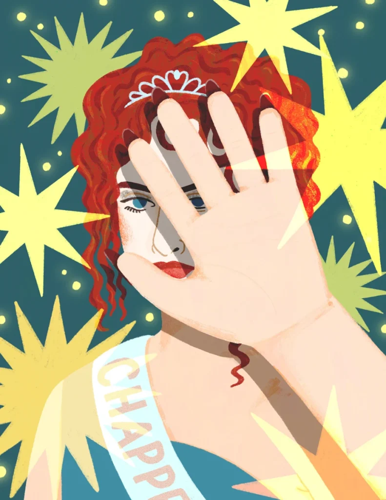 Illustration of a pageant contestant with a sash reading “CHAPPELL” raising a hand in front of her face against a starburst background.