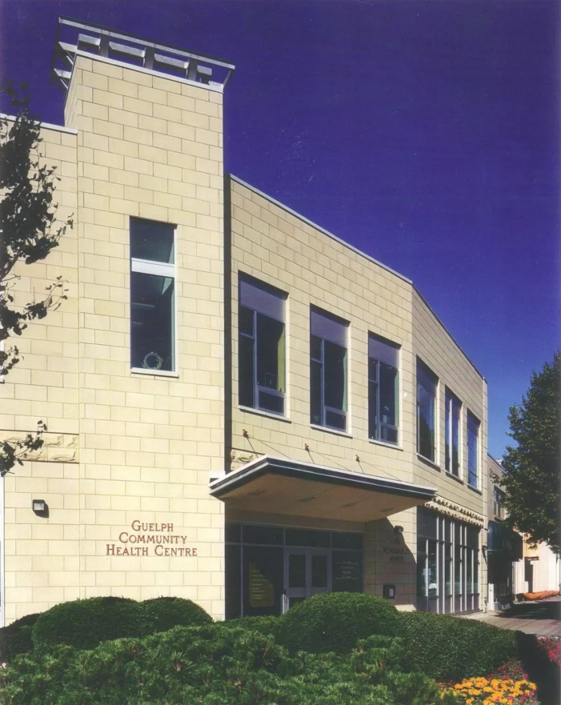 Exterior of the Guelph Community Health Centre building with the name visible on the wall.