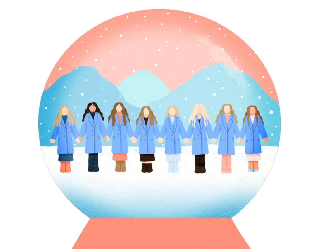Illustration of eight women in blue coats holding hands inside a snow globe with mountains in the background.