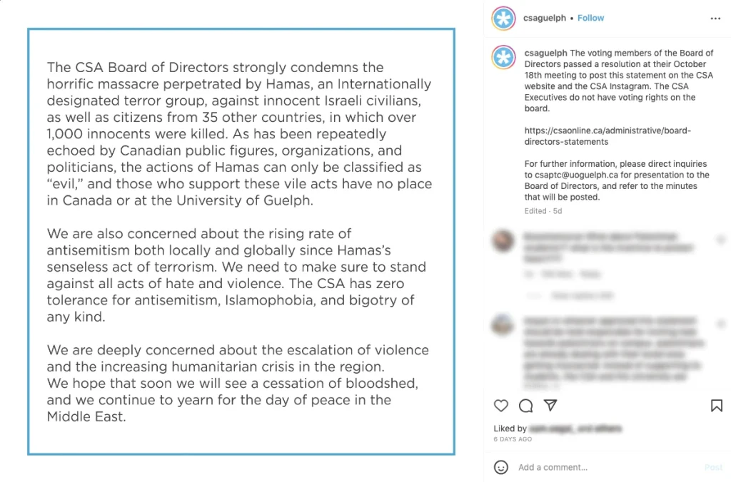 Screenshot of an Instagram post sharing a CSA Board statement condemning Hamas and addressing antisemitism.